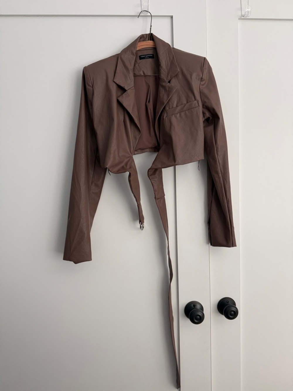 naked wardrobe Cropped Brown Faux Leather Blazer with Tie
